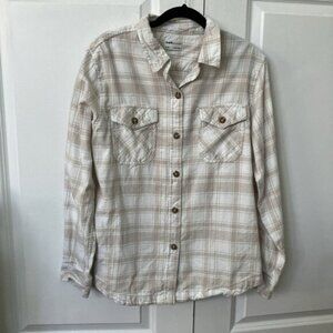 Frank  Oak Flannel Shirt Womens L Plaid Check Neutral Lumberjack Organic Cotton